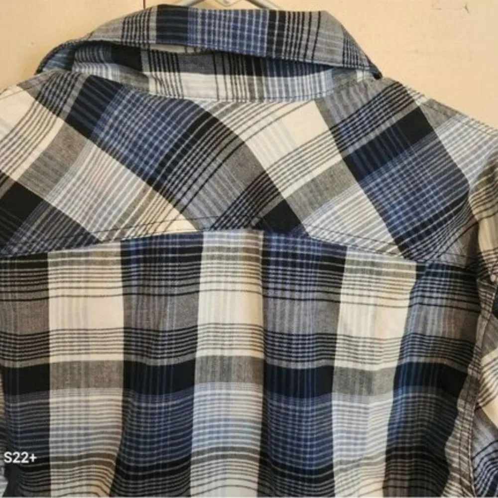 M38 Wrangler Blue, Black & White Plaid Western Shirt Button Up Long Sleeved